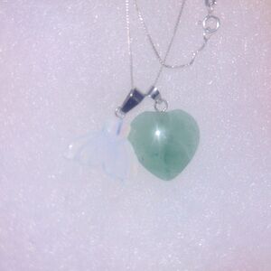 Boho hippie Opal Mermaid tail & Jade Heart Sterling Silver Necklace 16”